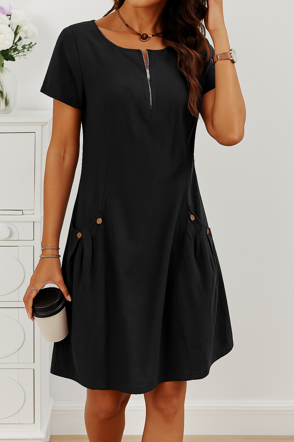 Casual flowy A-line midi summer dress for women, designed with charming button details for a relaxed look.