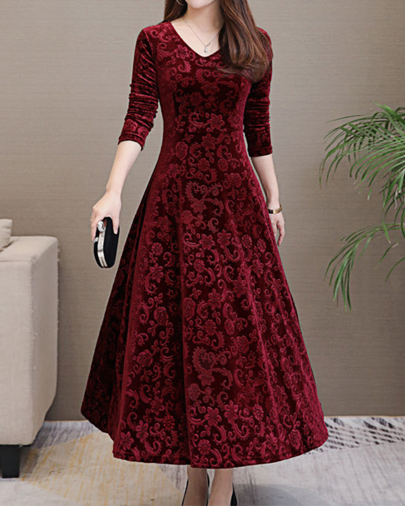 Elegant women's A-line V-neck midi dress. Versatile style for office or casual wear.