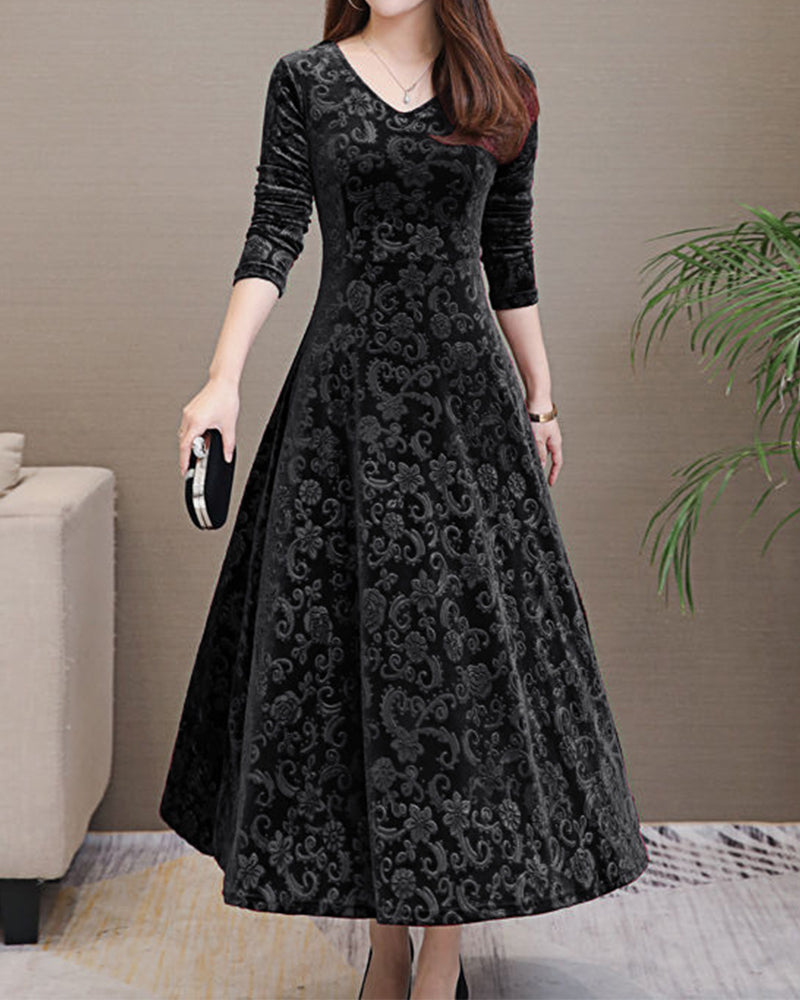 Sophisticated A-line V-neck midi dress for women. Ideal elegant office wear or stylish casual look.