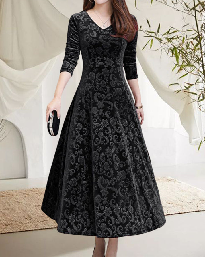 Burgundy A-line V-neck midi dress for women. Elegant & versatile, suitable for office, casual, seasonal wear.