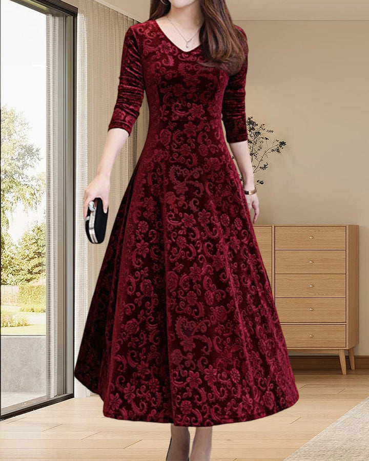 Black women's A-line V-neck midi dress. Chic & versatile, perfect for elegant office or stylish casual occasions.