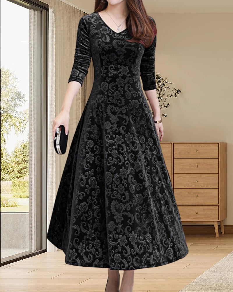 Flattering A-line V-neck midi dress for women. Elegant, versatile, and comfortable for any occasion.