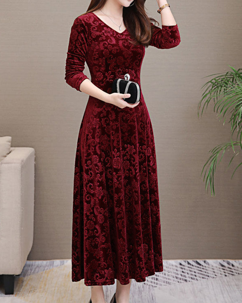 Women's long sleeve A-line V-neck midi dress. Versatile, elegant, perfect for seasonal office or casual style.