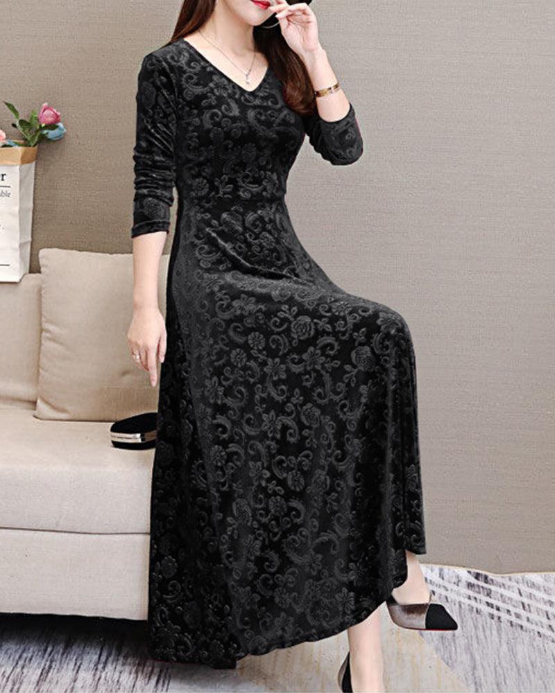 Stylish women's A-line V-neck midi dress. Versatile for office, casual, and elegant seasonal wear.