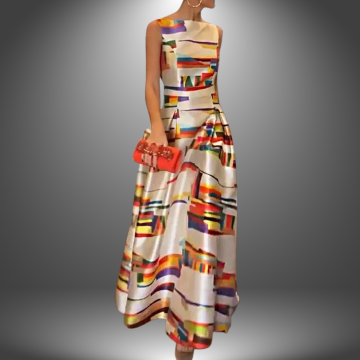 Elegant women's abstract print sleeveless maxi dress. Perfect formal evening gown for special occasions & wedding guests.