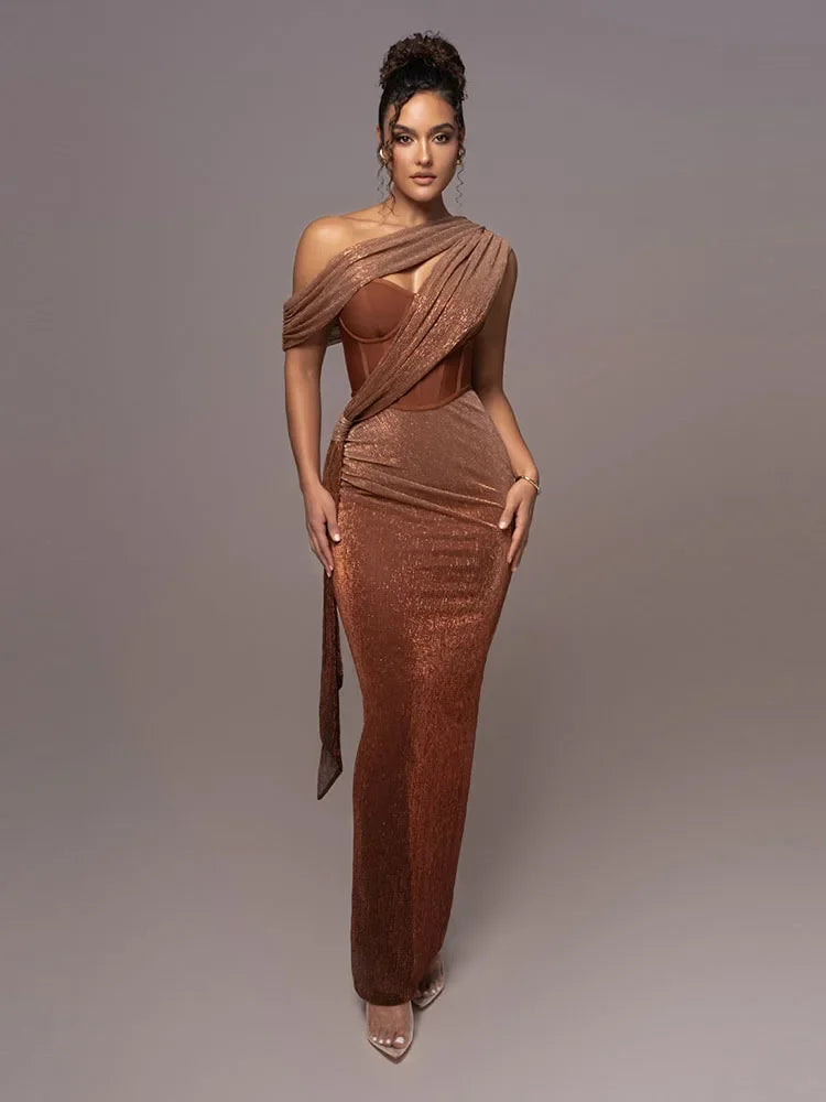 Elegant women's Agatha one-shoulder maxi dress, perfect for evening wear, parties & special occasions.