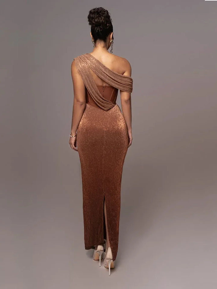 Sophisticated women's Agatha one-shoulder maxi dress with sculpted fit, ideal as a formal gown or evening dress.