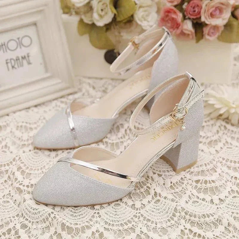 Elegant women's ankle strap block heel pumps. Versatile dress shoes for comfort & style at formal events or parties.