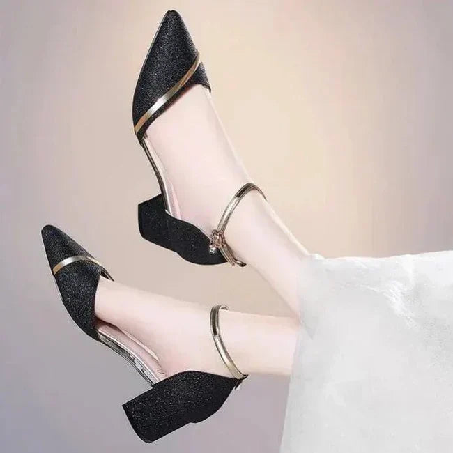 Versatile women's pumps with a secure ankle strap & stable block heel. Ideal formal or party dress shoes.