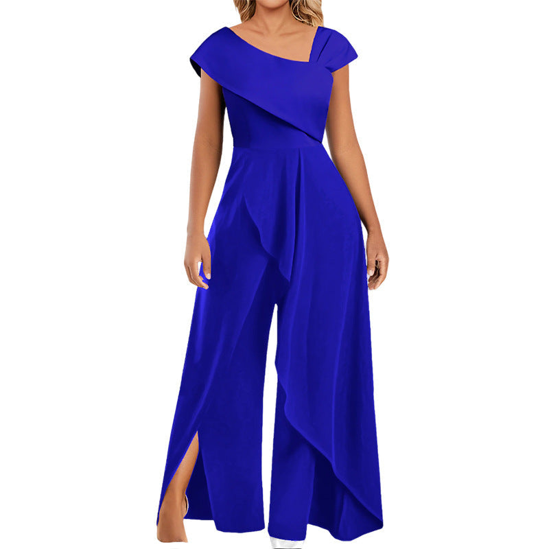 Elegant women's asymmetrical jumpsuit with a chic diagonal collar, perfect for evening wear & sophisticated parties.