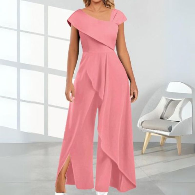Chic sleeveless women's jumpsuit featuring an asymmetrical design & diagonal collar, a versatile fashion statement.