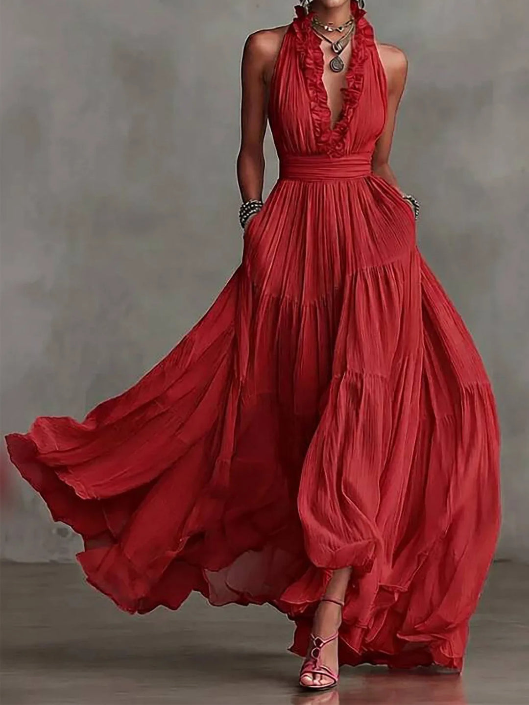 Stylish women's backless ruffle trim maxi dress, perfect as a vacation dress or elegant evening gown.
