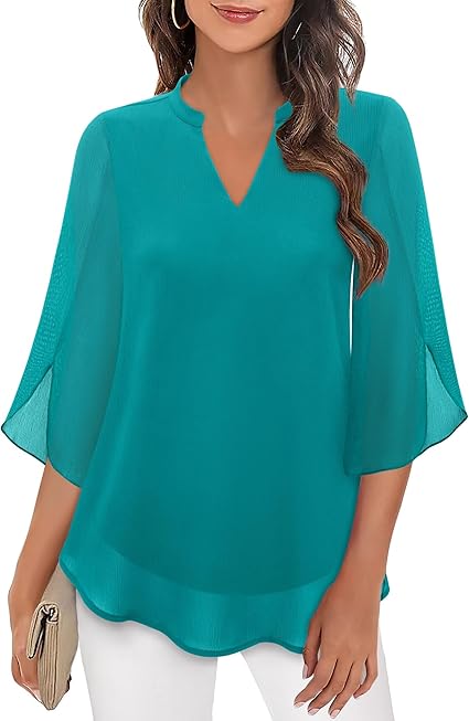 Formal women's blouse with mandarin collar & long bell sleeves, a dressy and elegant top.
