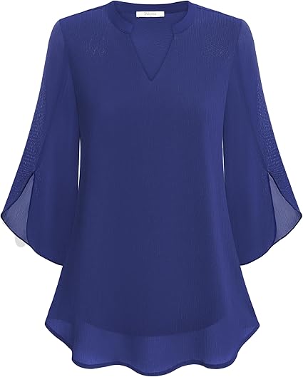 Stylish women's blouse, perfect for formal events, featuring a mandarin collar and bell sleeves.
