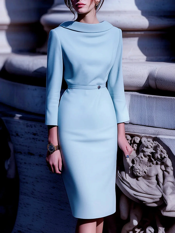 Elegant women's belted midi dress with turn-down collar & V-back. Perfect for work or special occasions.
