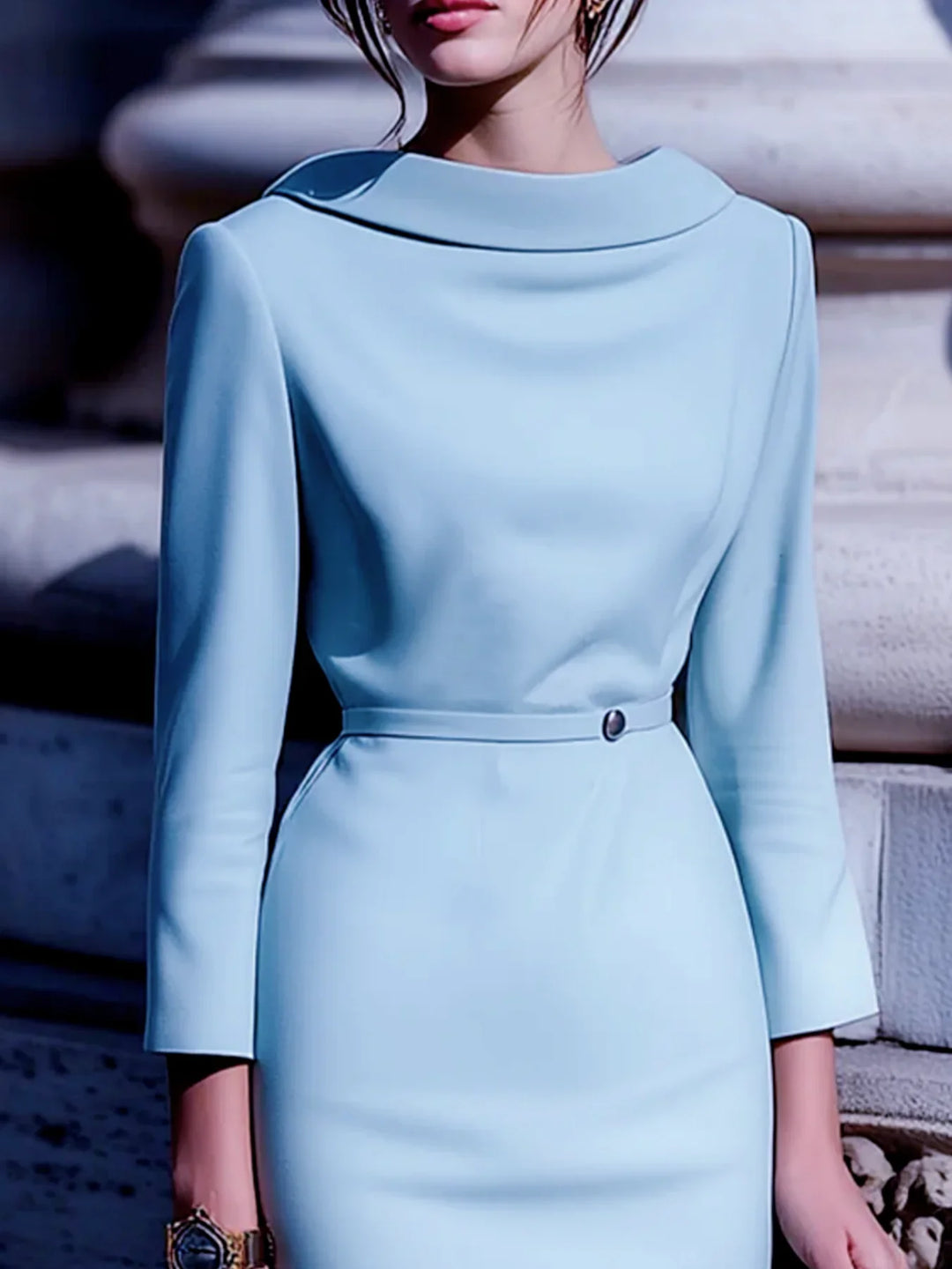 Chic women's turn-down collar midi dress with a flattering belt & elegant V-back, suitable for workwear.