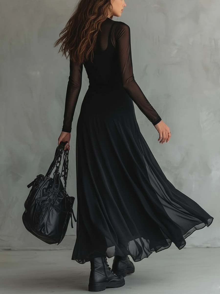Stunning black tie women's maxi dress. Elegant long-sleeve black formal gown for evening wear & galas.