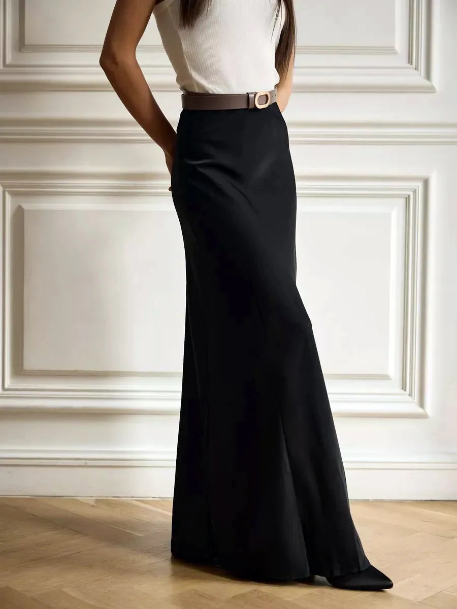 Classy black fishtail maxi skirt, high-waist design for formal evening occasions.