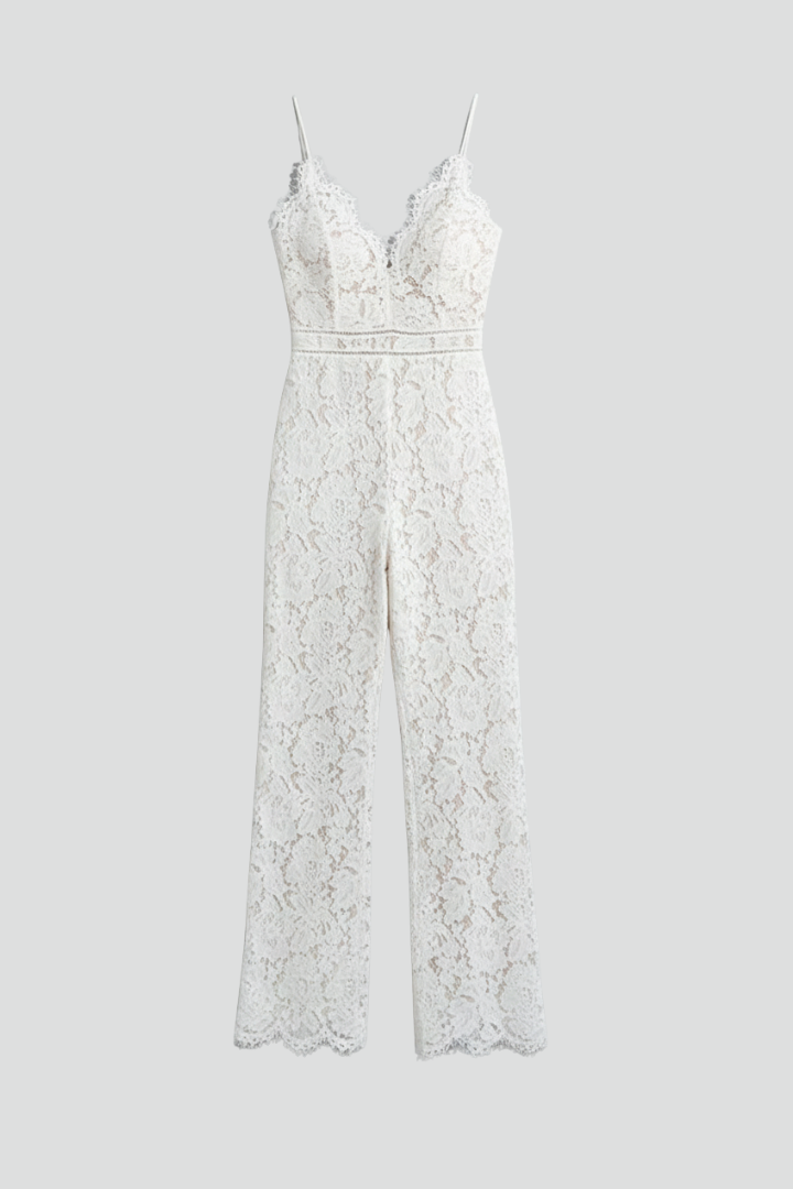 Elegant women's black lace V-neck jumpsuit with straight leg, perfect for evening wear & special occasions.