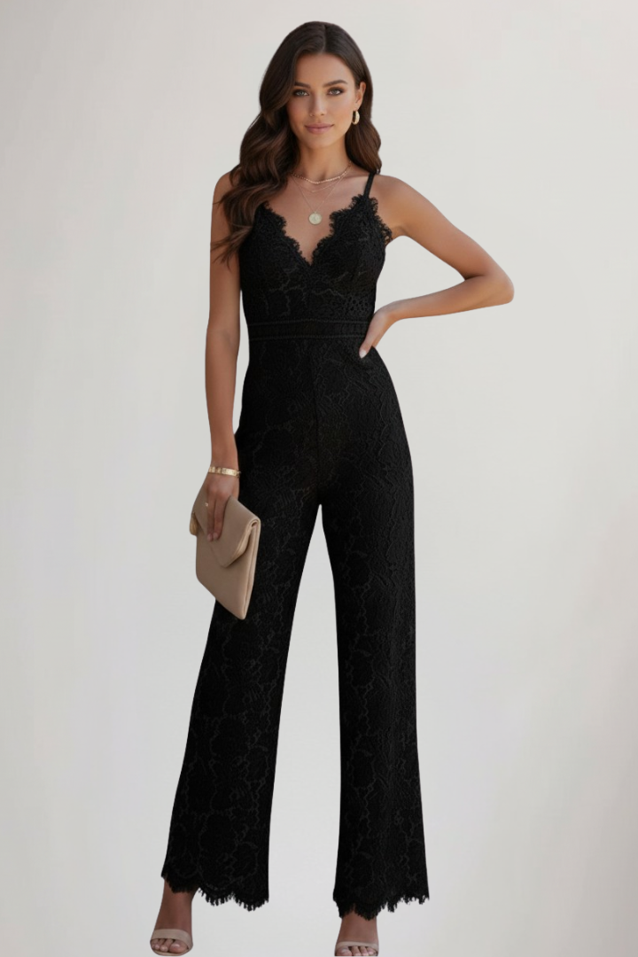 Women's elegant lace V-neck jumpsuit in black, a sleeveless straight-leg design perfect for evening & party wear.