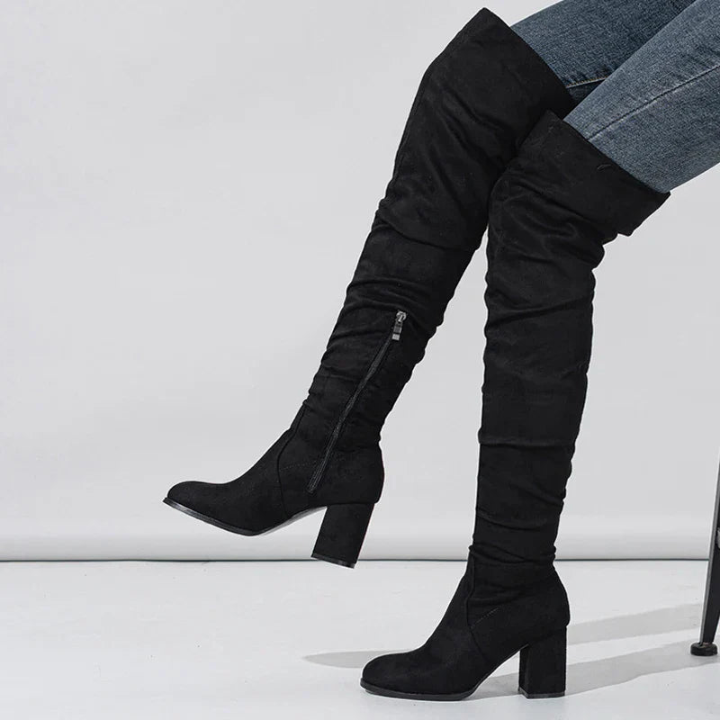 Elegant women's black suede effect over-the-knee heeled boots, perfect for winter fashion