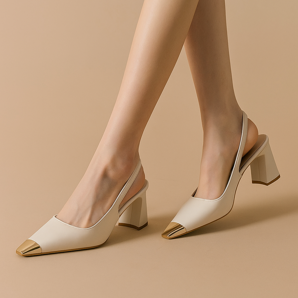 Elegant women's black vegan leather block heel slingbacks with metallic toe detail, perfect for dress occasions
