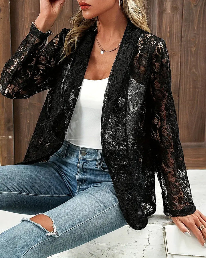 Versatile ladies jacket: a solid color blazer with elegant lace trim, ideal for spring office wear & casual chic outfits.