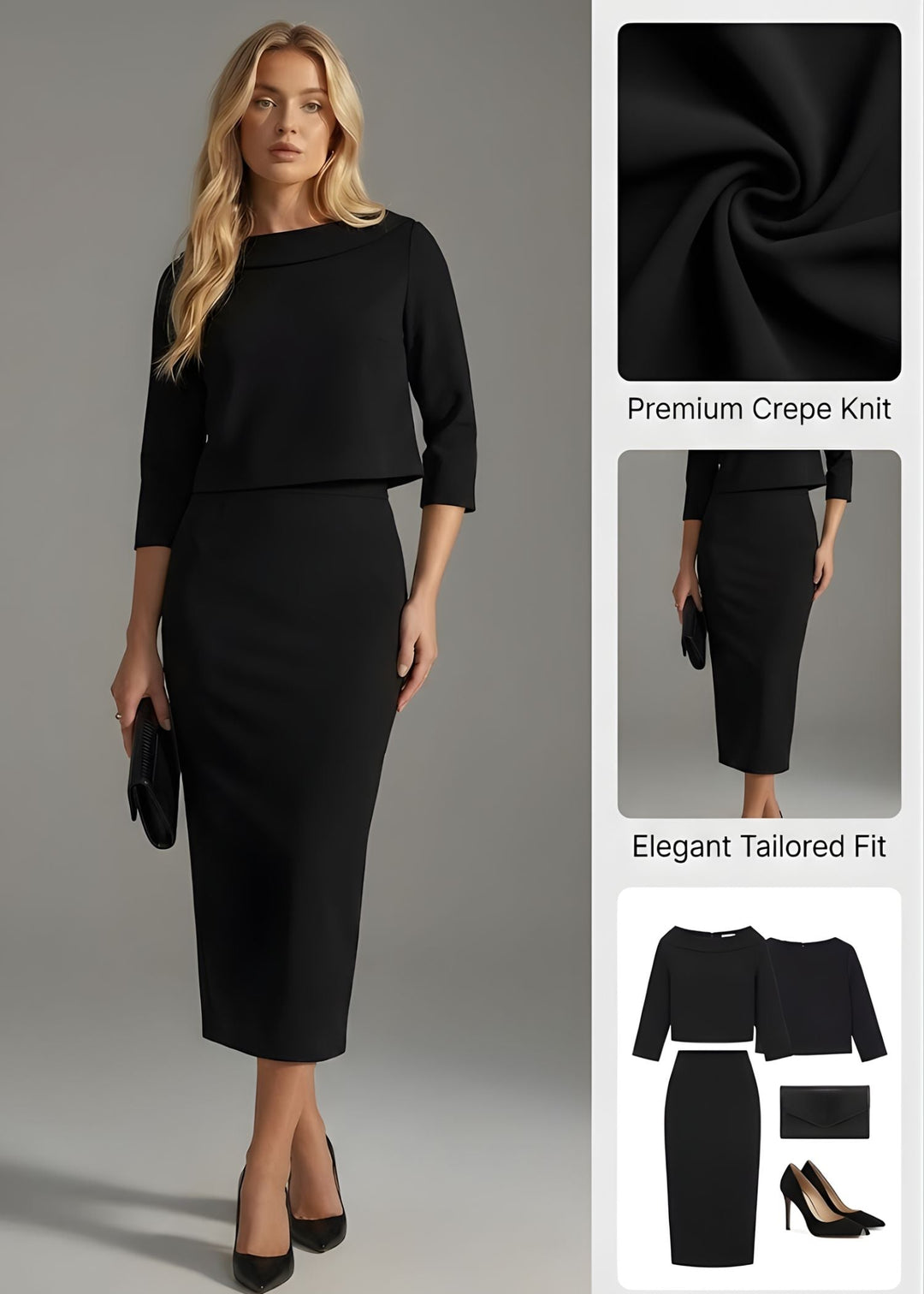 Elegant women's boat neck midi skirt set with 3/4 sleeves, perfect for office or formal events.