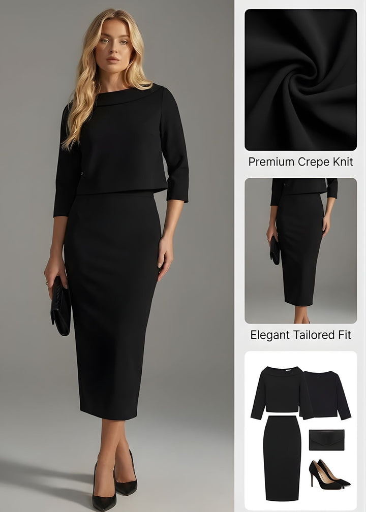 Elegant women's boat neck midi skirt set with 3/4 sleeves, perfect for office or formal events.
