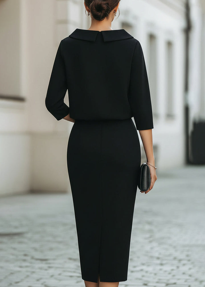 Elegant women's midi skirt set, boat neck top, 3/4 sleeves, ideal for professional settings.