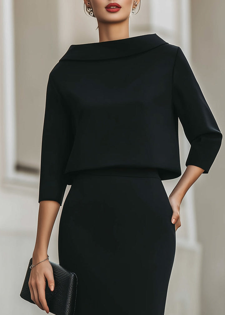 Stylish women's boat neck midi skirt set with 3/4 sleeves, perfect for work.