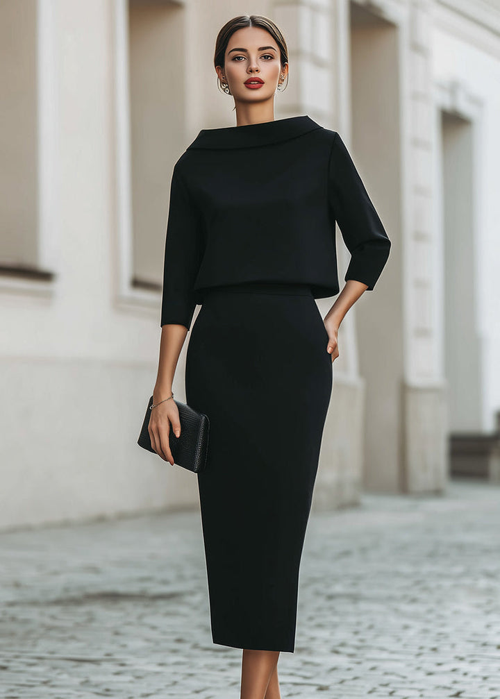 Women's formal wear boat neck midi skirt set with comfortable 3/4 sleeves.
