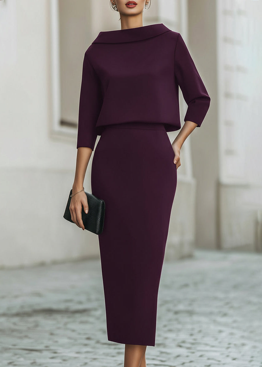 Classic women's elegant midi skirt set with boat neck and 3/4 sleeves in navy.