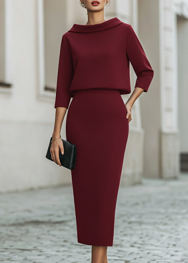 Women's two-piece elegant boat neck midi skirt set with graceful 3/4 sleeves.