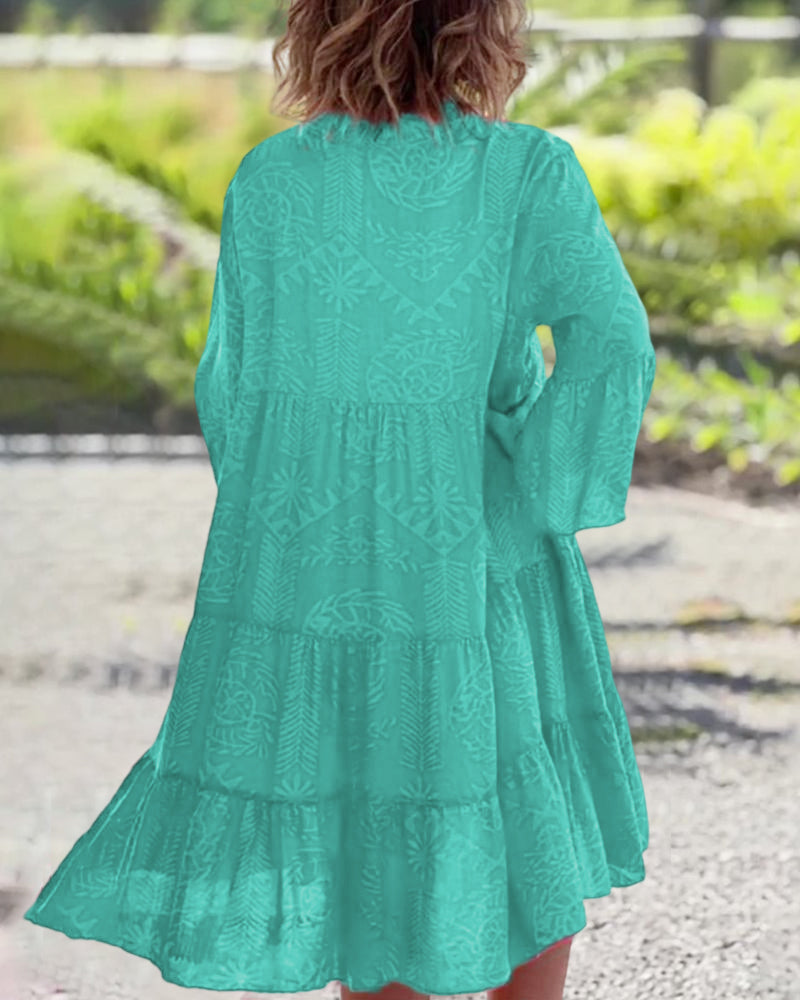 Stylish women's midi dress with an elegant boho chic print. Ideal for summer vacations & casual spring wear.