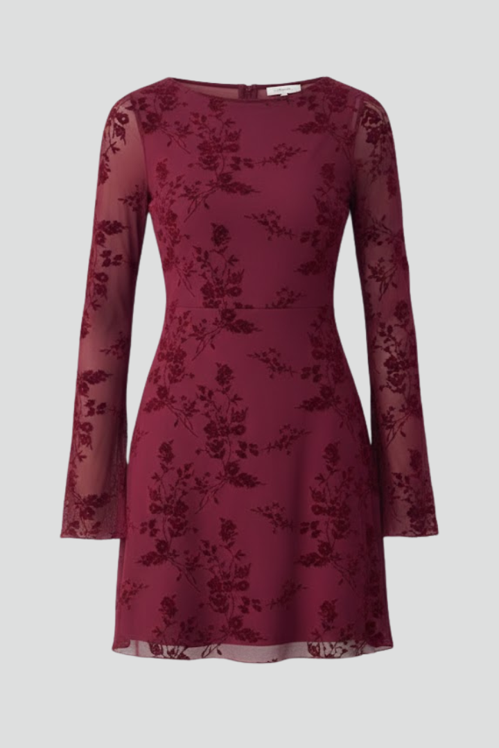 Elegant women's burgundy mesh mini dress with floral details, long sleeves, and ruched design, perfect for parties.