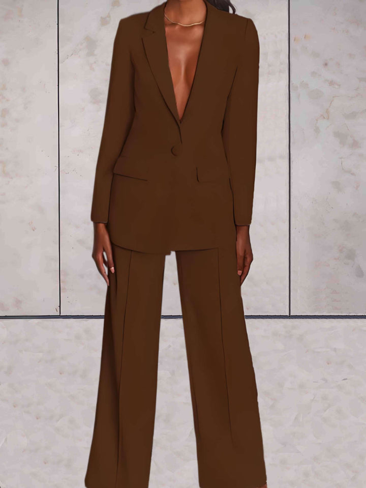 Versatile women's two-piece blazer & wide-leg pants set; a sophisticated choice for office wear and formal events.
