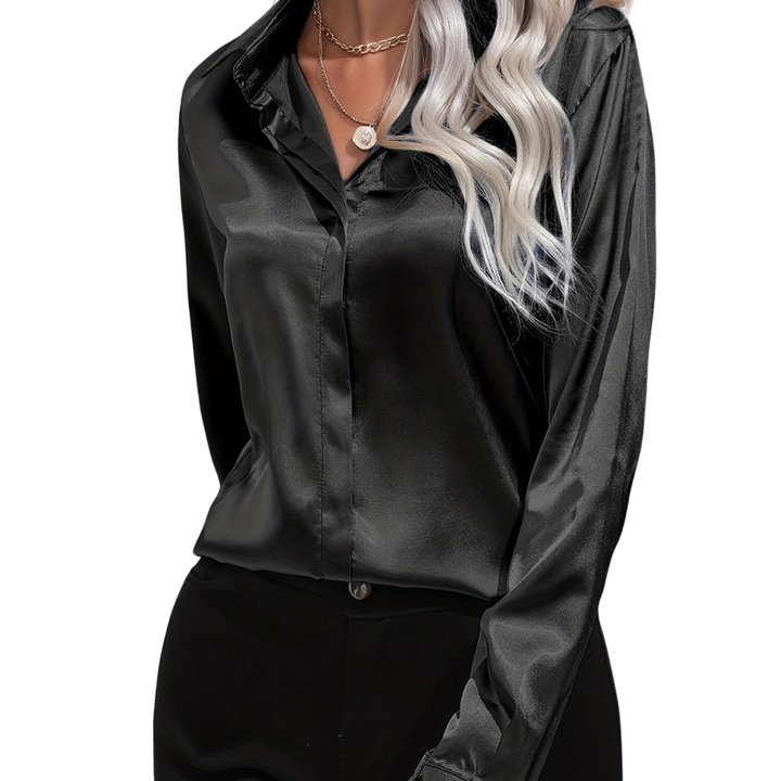 Elegant women's button-down long sleeve satin blouse in classic pearl white, perfect for office or evening.