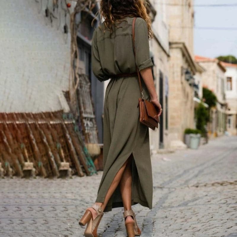 Women's collared button-front midi shirt dress with flattering belt. Short sleeves, elegant, and chic summer style.