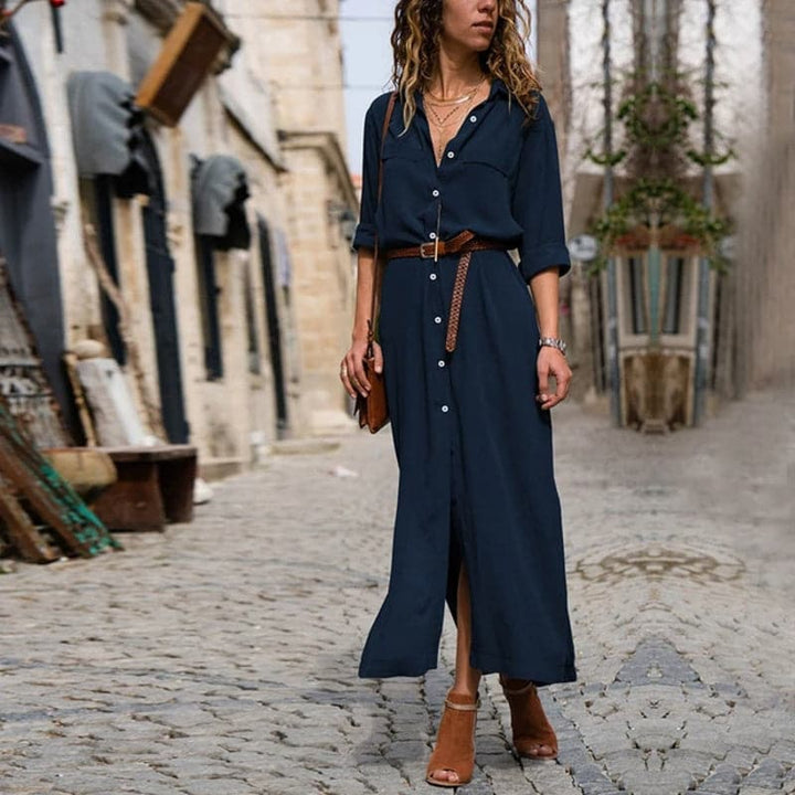 Women's elegant short-sleeve button-down midi shirt dress. Versatile design, perfect for summer casual or dressy.