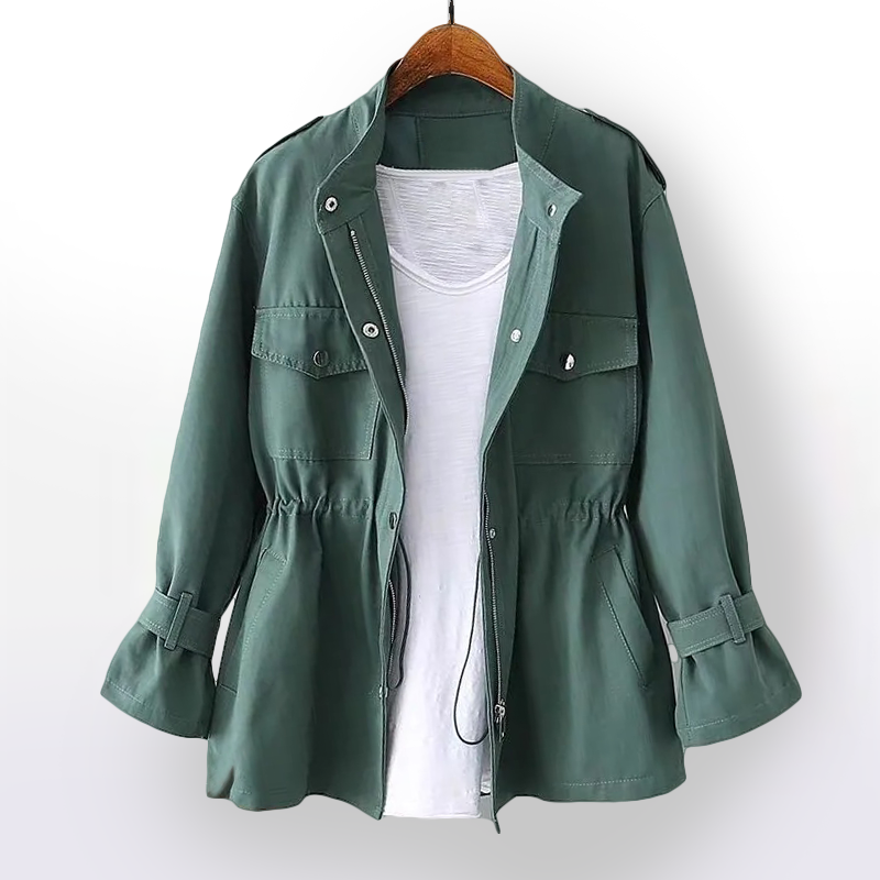 Classic women's long trench coat with cargo details, ideal for elegant fall outerwear.