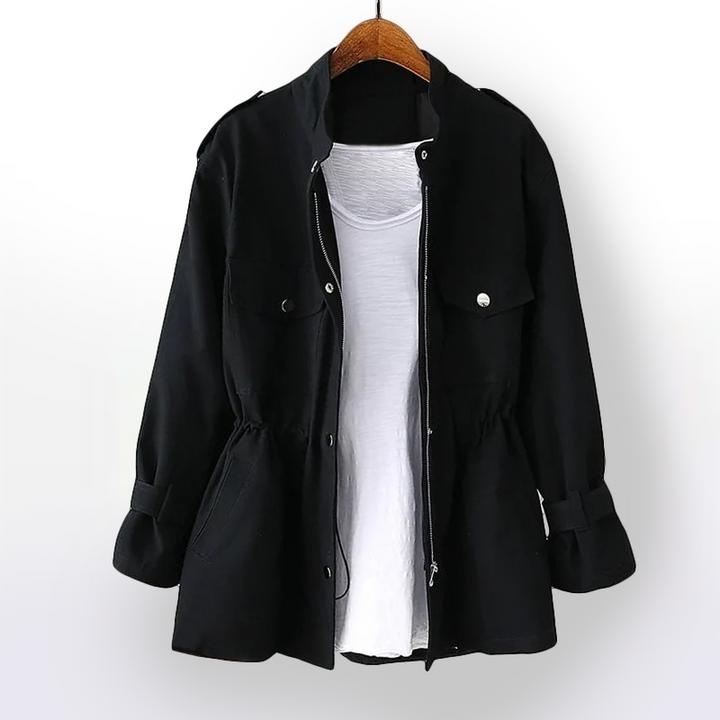 Transitional women's trench coat with cargo style, a stylish and elegant fall jacket for autumn.