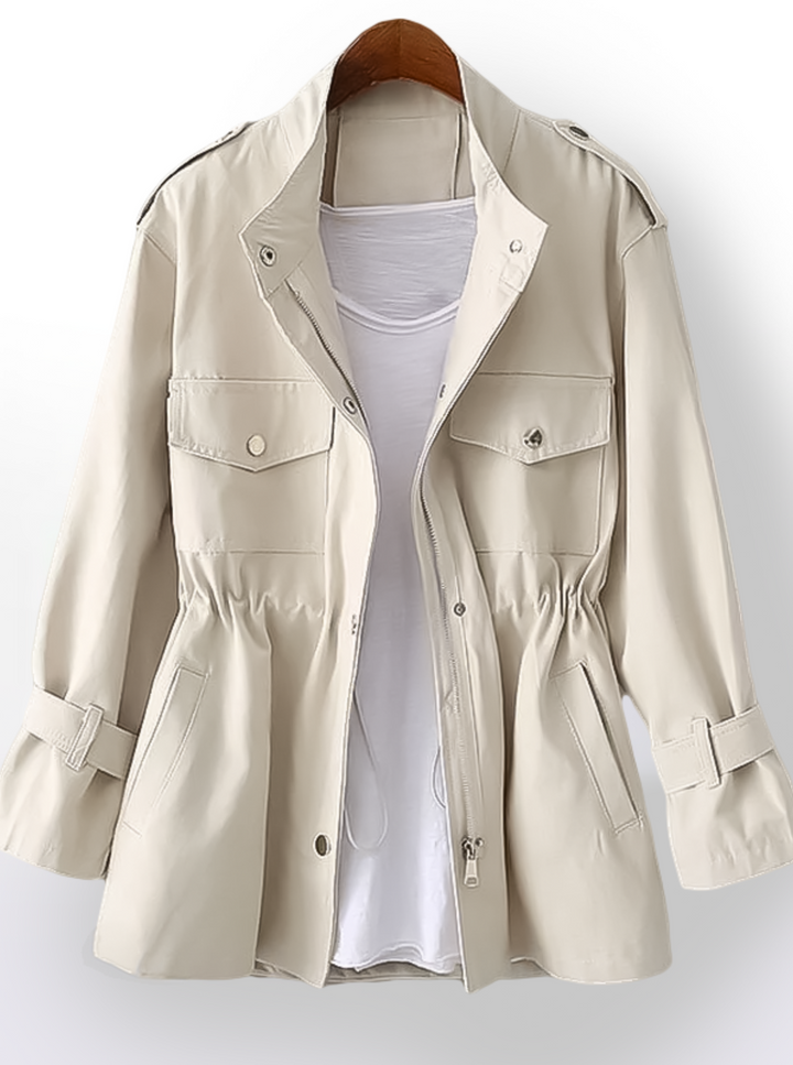 Patricia women's elegant cargo trench coat, a stylish long fall jacket and classic autumn outerwear.