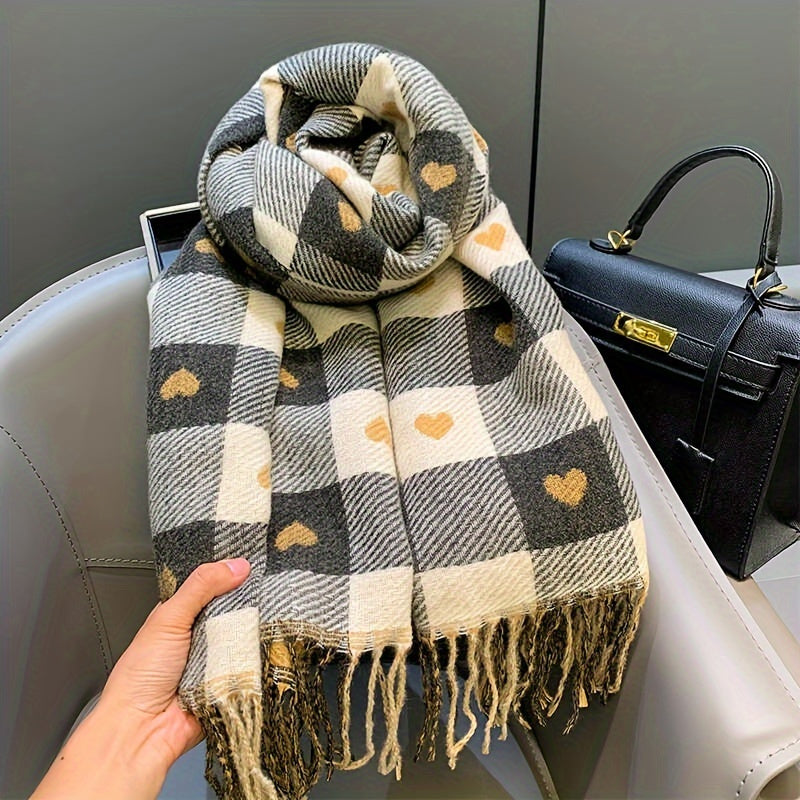 Elegant women's checkered polyester scarf for autumn & winter. Soft, warm fashion accessory.