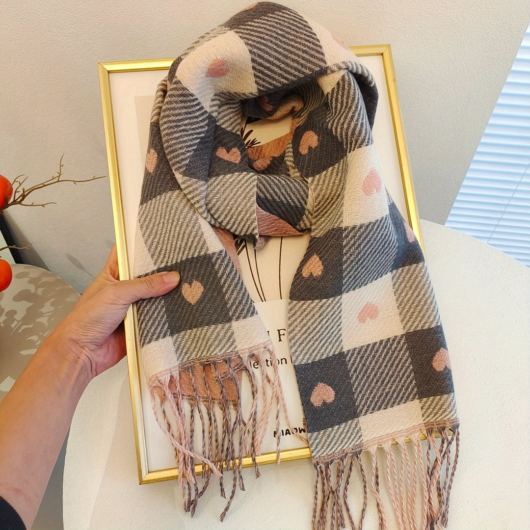 Aurelie women's elegant checkered polyester scarf. Soft, warm accessory for autumn & winter.