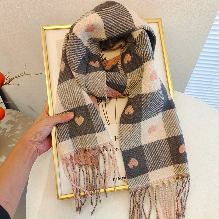 Aurelie women's elegant checkered polyester scarf. Soft, warm accessory for autumn & winter.
