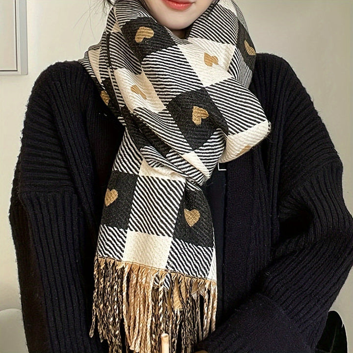 Soft polyester women's checkered scarf, providing elegant warmth for autumn & winter style.