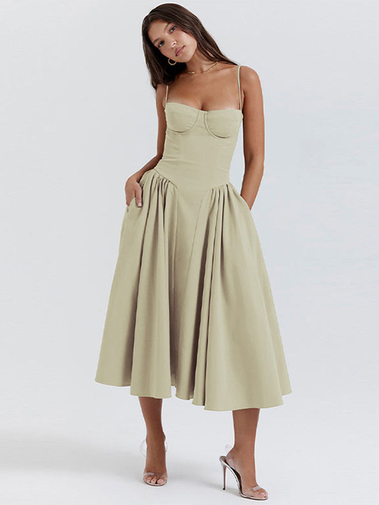 Flattering women's formal A-line midi dress, ideal for weddings & special events. Features chic corset bodice.
