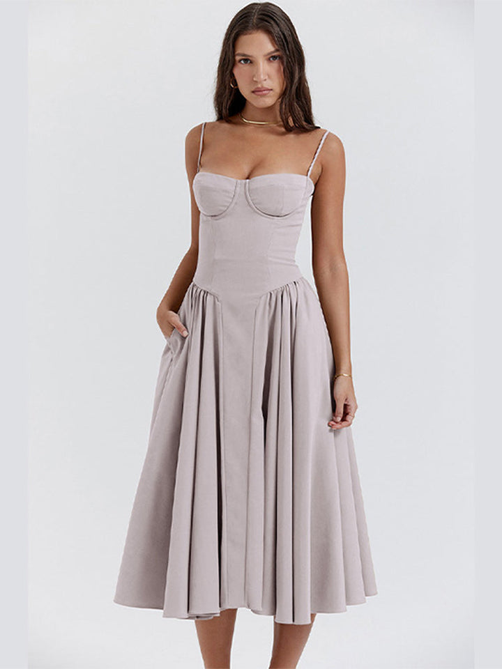 Women's chic A-line midi party dress. Elegant corset top, flattering for summer weddings & special events.