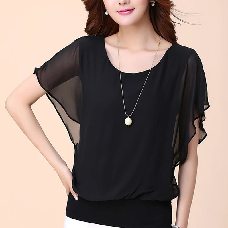 Feminine casual women's top with ruffled sleeves and a round neck, comfortable and stylish.